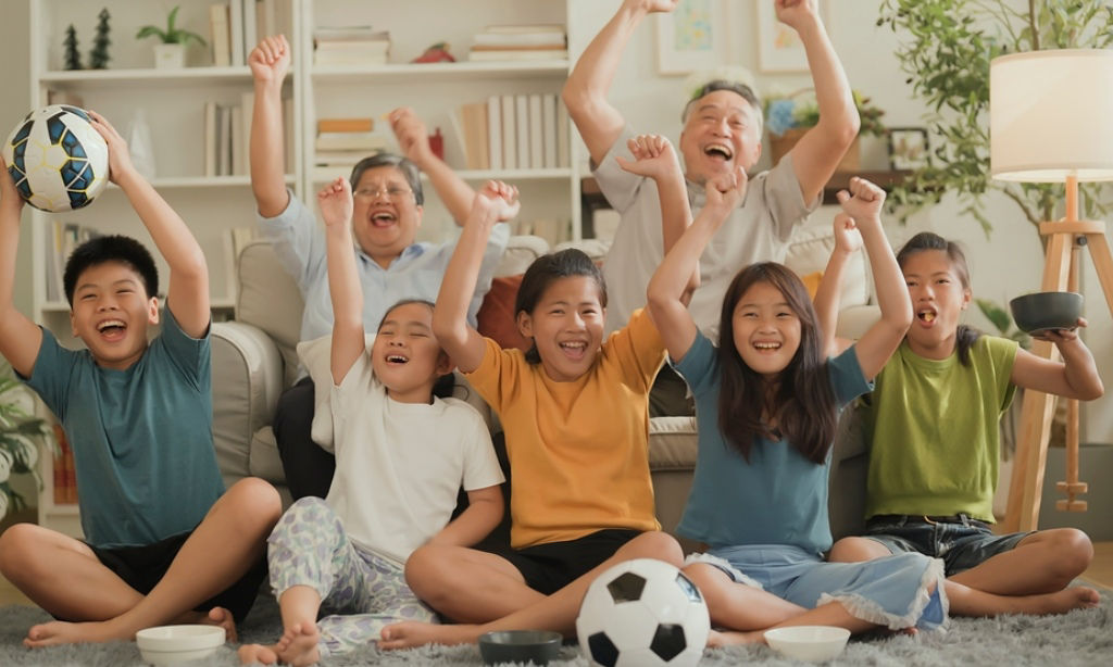 Asian grandparents and grandkids of various ages cheer for good health.