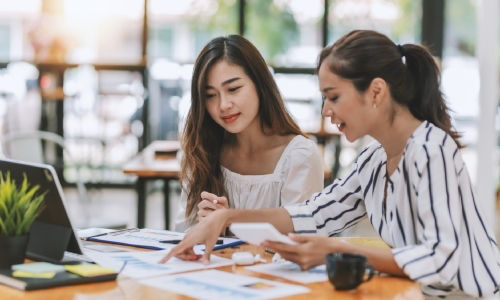 Young Asian female consults with a bancassurance sales executive.