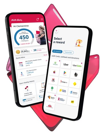 Two smartphones displaying AIA Vitality app features